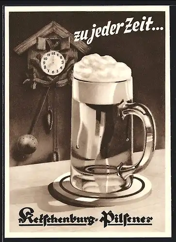 AK Stolberg /Rheinland, Ketschenburg-Pilsener, zu jeder Zeit..., Bierglas mit Blume vor einer Kuckucksuhr