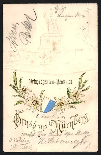 Lithographie Nürnberg, Prinzregenten-Denkmal, Wappen