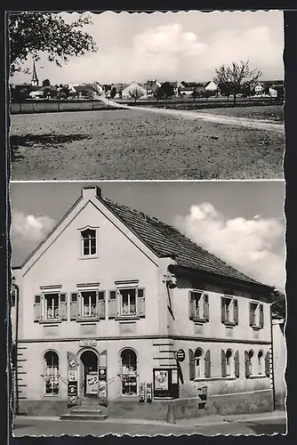 AK Waigolshausen, Ortsansicht mit Kirche, Kolonialwaren Otto Weiss, Vorderansicht