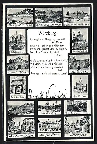 AK Würzburg, Altes Rathaus, Festung mit alter Brücke, Domstrasse mit Dom
