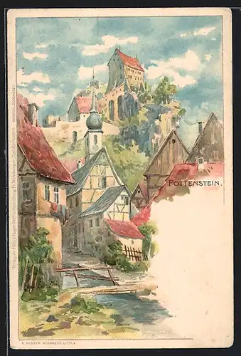 Lithographie Pottenstein, Blick aus dem Ort zum Schloss