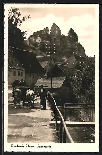 AK Pottenstein /Fränkische Schweiz, Ortspartie mit Ochsenkarren