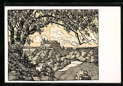 AK Veste Coburg, Handzeichnung, Blick durch Bäume auf die Coburg