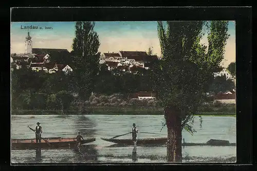 AK Landau a. Isar, Uferpartie mit Kirche und Booten