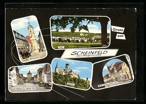 AK Scheinfeld im Steigerwald, Pfarrkirche, Schloss, Rathaus mit oberem Tor