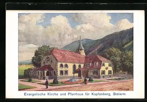 Künstler-AK Kapfenberg, Evangelische Kirche und Pfarrhaus