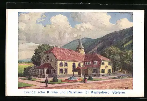 Künstler-AK Kapfenberg, Blick auf Evangelische Kirche und Pfarrhaus