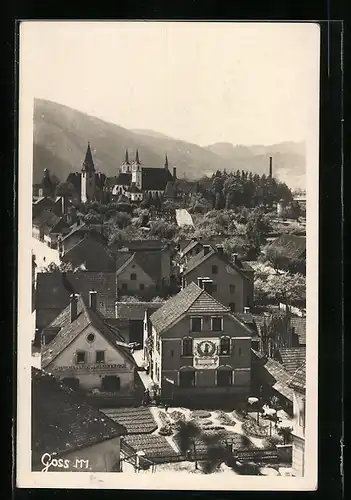 AK Göss, Teilansicht mit Gasthaus aus der Vogelschau