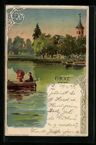Lithographie Graz, Blick vom Hilmteich zum Ort