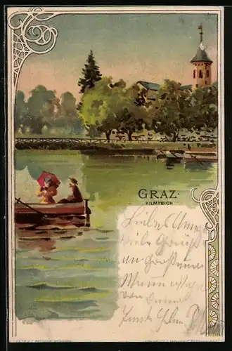 Lithographie Graz, Blick vom Hilmteich zum Ort