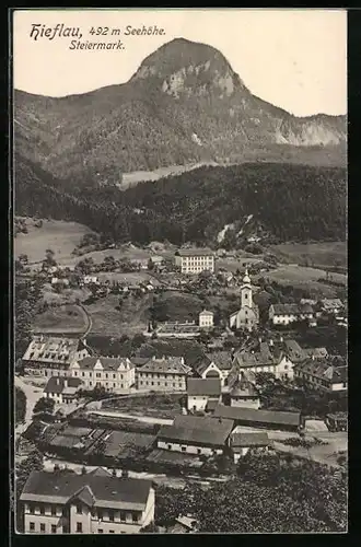 AK Hieflau, Ortsansicht mit Bergblick aus der Vogelschau