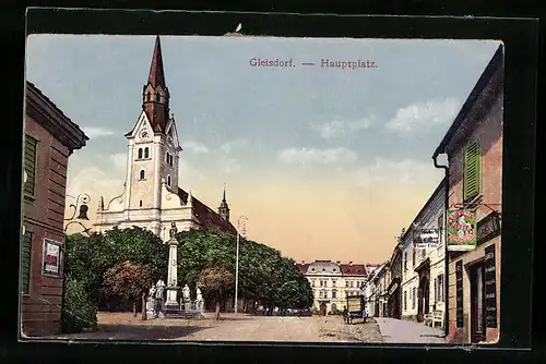 AK Gleisdorf, Hauptplatz mit Kirche, Reklametafel für Singer-Nähmaschinen