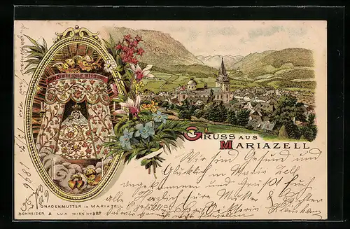 Lithographie Mariazell, Ortsansicht mit Gebirge, Gnadenmutter