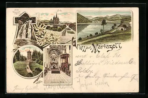 Lithographie Mariazell, Innenansicht der Kirche, Bürgeralpe, Wasserfall