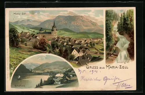 Lithographie Maria-Zell, Ortsansicht mit Lassingfall und Erlafsee