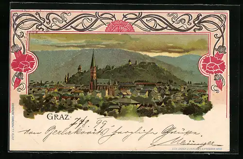 Lithographie Graz, Ortsansicht mit Kirche