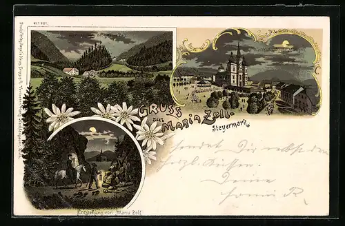 Lithographie Maria Zell, Wallfahrtskirche, Sigmundsberg und Entstehung von Maria Zell