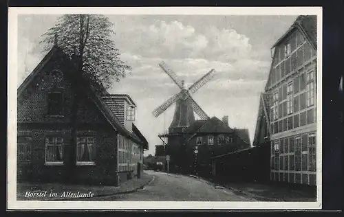 AK Borstel im Altenlande, Strassenpartie zur Windmühle