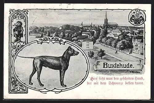 Künstler-AK Buxtehude, Stadtansicht, Igel und Hund