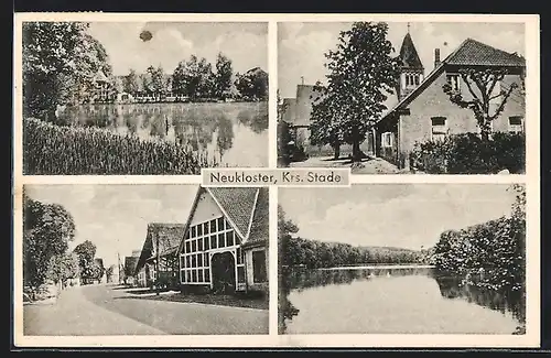 AK Neukloster /Kr. Stade, Wasserpartien, Ortsansicht mit Kirche, Strassenpartie