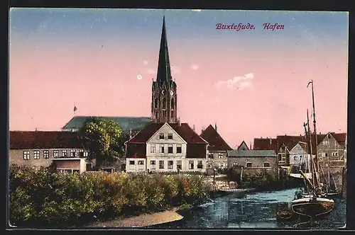 AK Buxtehude, Hafen mit Blick zur Kirche