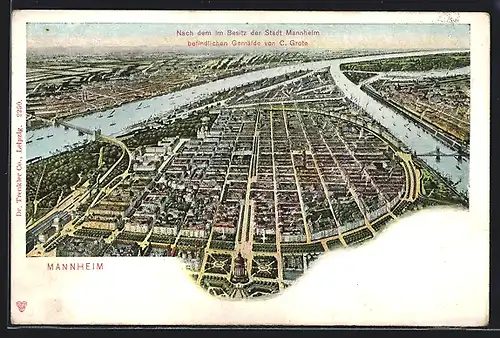 Künstler-AK Mannheim, Stadtansicht aus der Vogelschau
