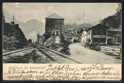 AK Reichenhall, Blick zum Hallthurm und Gasthaus Hallthurm