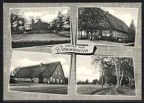 AK Dammhausen, Ortspartie mit grossem Gebäude, Denkmaltafeln