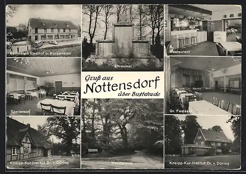 AK Nottensdorf über Buxtehude, Bellmanns Gasthof und Kurpension, Innenansichten Restaurant und grosser Festsaal