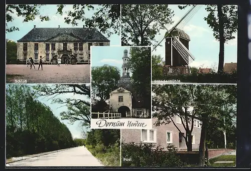 AK Dornum /Nordsee, Blick auf Ständermühle, Schloss