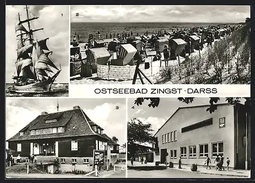 AK Zingst, Segelschulschiff Wilhelm Pieck, Strand, Kurhaus, FDGB-Erholungsheim Nordlicht