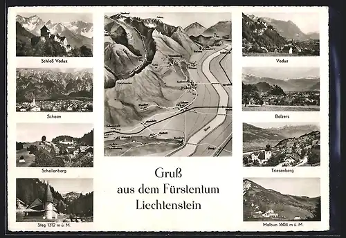 AK Vaduz, Landkarte, Ansichten von Vaduz, Balzers, Triesenberg und Schellenberg