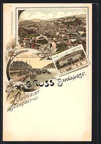 Lithographie Budapest, Totalansicht, Franz Josefquai und Blocksberg, Kaiserbad