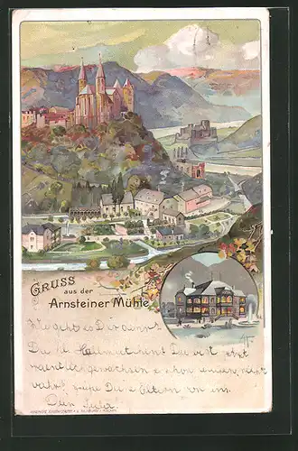 Lithographie Obernhof, Gasthaus Arnsteiner Mühle