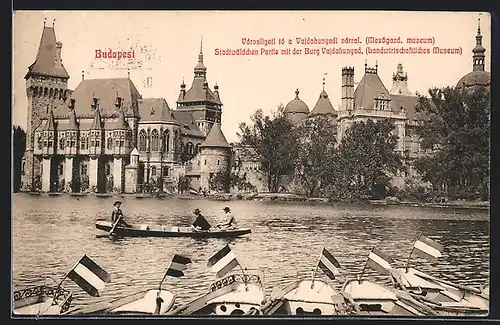 AK Budapest, Stadtwäldchen-Partie mit der Burg Vajdahunyad / Landwirtschaftliches Museum