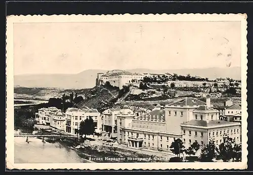 AK Skopje, Teilansicht mit Brücke und Bergpanorama