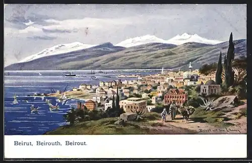 Künstler-AK F.Perlberg: Beirut, Beirut mit dem Libanon, Segelschiffe, Esel, Dampfer