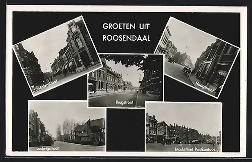 AK Roosendaal, Molenstraat, Brugstraat, Hoogstraat, Markt met Postkantoor, Ludwigstraat