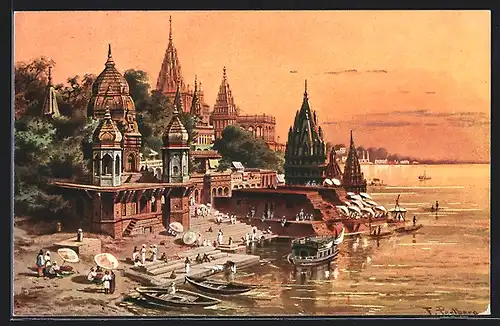 Künstler-AK Friedrich Perlberg: Benares am Ganges, Menschen am STrand des Flusses