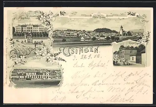 Lithographie Usingen, Bahnhof, Postamt, Ortsansicht aus der Vogelschau