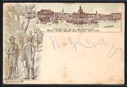 Lithographie Konstanz /Bodensee, Ortsansicht vom Wasser aus, Spaziergänger