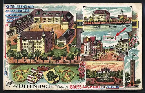 Künstler-AK Offenbach, Schloss m. technischer Lehranstalt, Marktplatz mit Zeppelin, Wappen