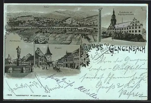 Lithographie Gengenbach, Klosterkirche mit Präparandenschule, Strasse, Marktbrunnen
