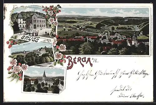 Lithographie Berga a. E., Kriegerdenkmal mit Post, Schloss, Totalansicht aus der Vogelschau