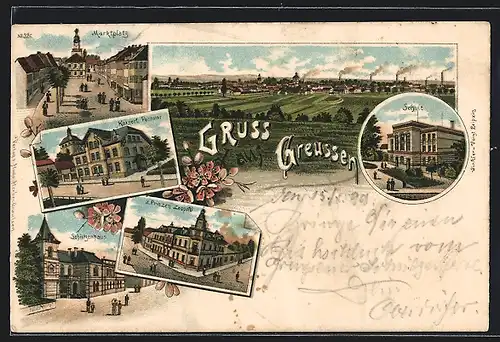 Lithographie Greussen, Gasthaus z. Prinzen Leopold, Postamt, Schützenhaus, Panorama mit Feldern