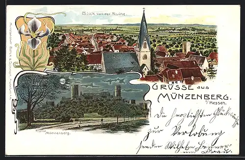 Lithographie Münzenberg, Ruine Münzenberg, Blick von der Ruine