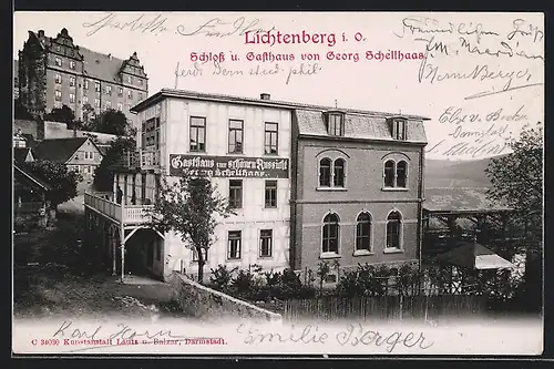 AK Lichtenberg i. O., Schloss und Gasthaus zur schönen Aussicht Georg Schellhaas mit Garten aus der Vogelschau