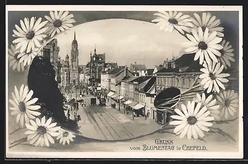 AK Crefeld, Blumentag, Strassenpartie mit Pferdekutschen