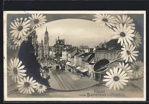 AK Crefeld, Blumentag, Strassenpartie mit Pferdekutschen