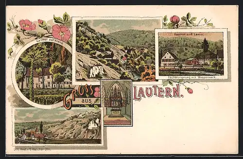 Lithographie Lautern, Gasthof zur Krone, Lauterursprung mit Wasserwerk und Gasthof zum Lamm, Panorama